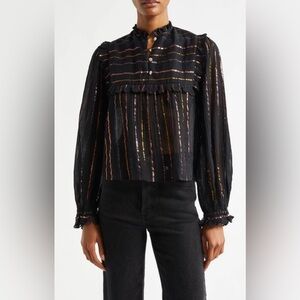 Farm Rio Metallic Stripe long sleeve Ruffle Shirt sz XXS NWOT